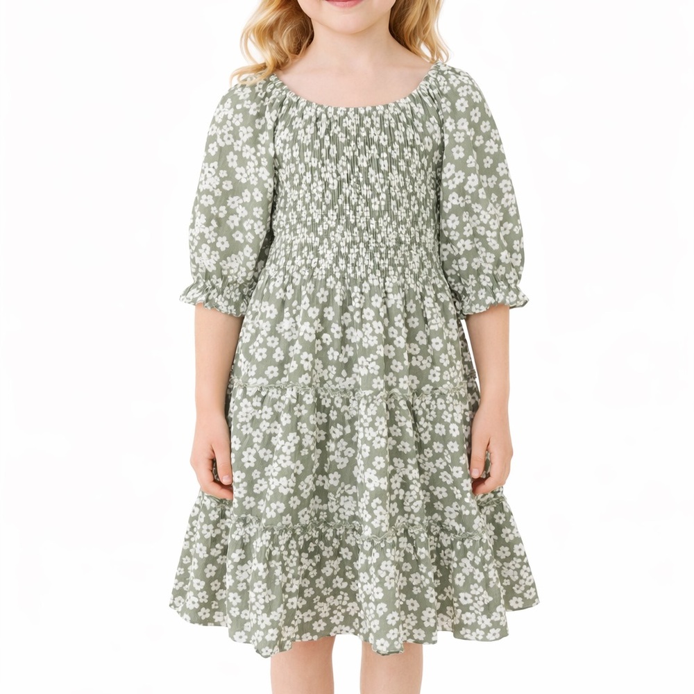 🆕 Girls Sage Green Floral Dress, floral print, puff sleeve, elastic waistband